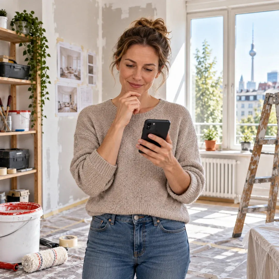 Kundin prüft eine digitale Handwerkeranfrage für die Renovierung ihrer Berliner Wohnung.