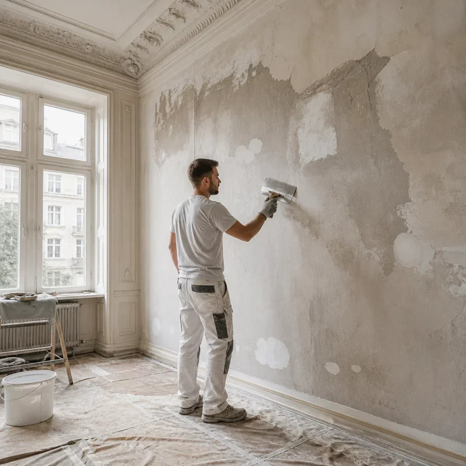 Maler bereitet die Wand einer Berliner Altbauwohnung mit hoher Decke und Stuck für die Renovierung vor