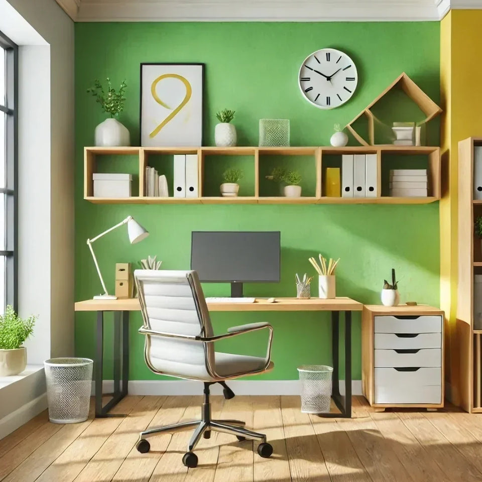 Modernes Homeoffice mit einer gedämpften grünen Akzentwand und ruhiger Arbeitsatmosphäre