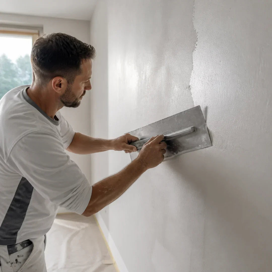 Maler glättet eine Innenwand mit einer breiten Spachtel für eine hochwertige ebene Oberfläche