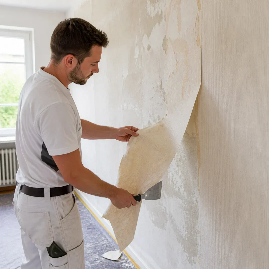 Maler entfernt eine alte Tapetenbahn und legt den zu prüfenden Putz einer Innenwand frei