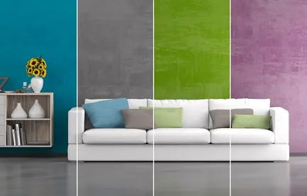 Wohnzimmer mit verschiedenen Wandfarben zur Auswahl des passenden Farbtons