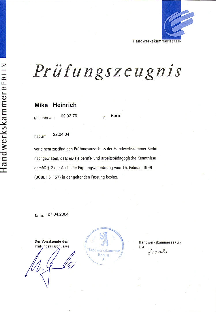 Prüfungszeugnis von Mike Heinrich über die Ausbildereignung der Handwerkskammer Berlin