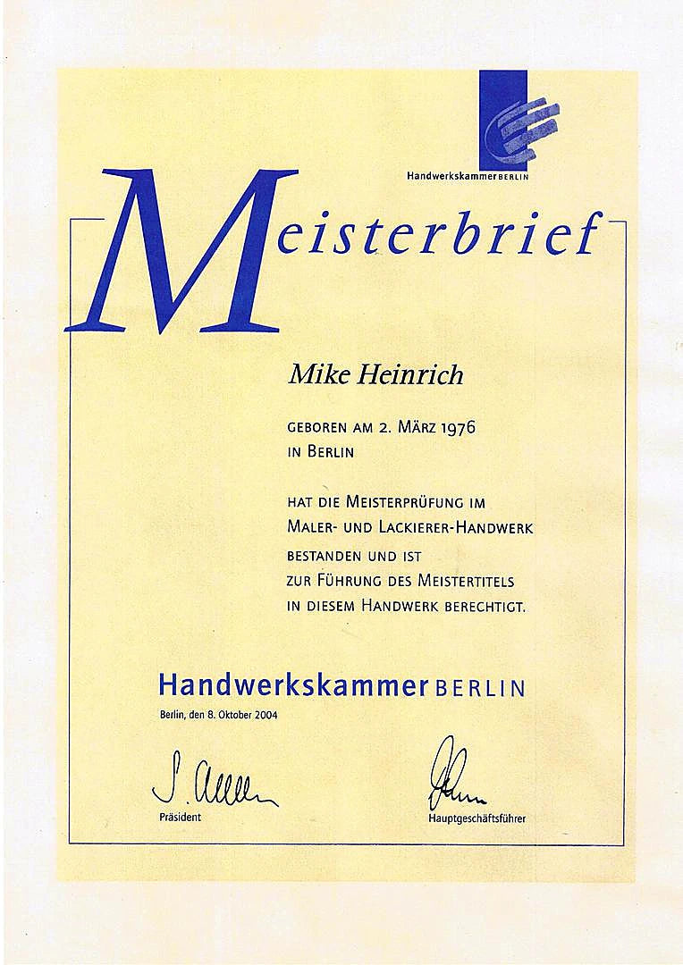 Meisterbrief von Mike Heinrich im Maler- und Lackiererhandwerk der Handwerkskammer Berlin